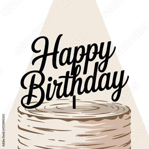 Black happy birthday cake topper on a stylized cake with cream background celebration