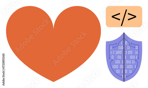Red heart, coding tag, and data shield symbolizing cybersecurity, ethics in technology, data protection, privacy, digital safety, online trust and responsible coding. Ideal for tech security