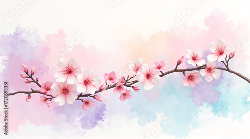 Pink Cherry Blossom Branch with Soft Pastel Watercolor Background for Spring Nature or Floral Design