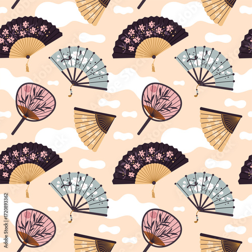 Hand fan seamless pattern. Traditional asian paper accessory for air flow, escape from summer heat, cool wind. Textile, wrapping paper, wallpaper. Print for fabric, garish vector background
