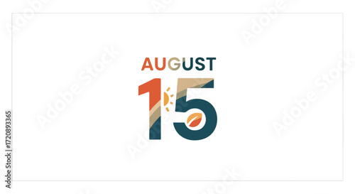 Trendy date design featuring 'August 15th' with abstract sun and leaf elements, ideal for promotional graphics and social media posts