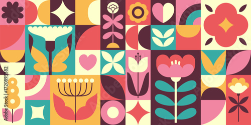 Geometric floral background. Colorful tiles with botanical blossom elements, blooming plants, flat decorative style, botanical mosaic, minimal plants, tidy vector cartoon isolated concept