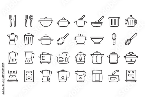 Vector illustration of home and restaurant cookware appliances line set