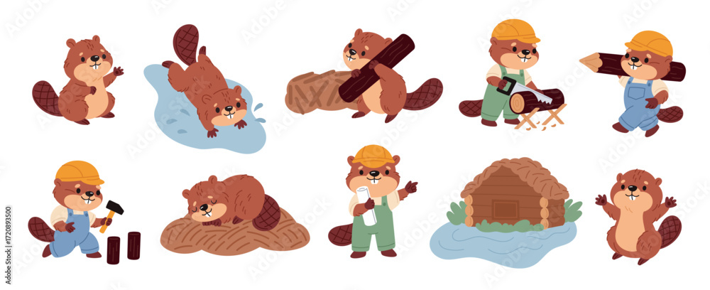 Fototapeta premium Cute beaver characters. Cartoon river animals, funny brown rodents, wildlife pond inhabitants, builders of natural dams, happy construction creature, carpenter with log, garish vector set