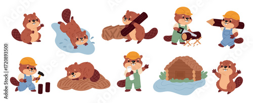 Cute beaver characters. Cartoon river animals, funny brown rodents, wildlife pond inhabitants, builders of natural dams, happy construction creature, carpenter with log, garish vector set