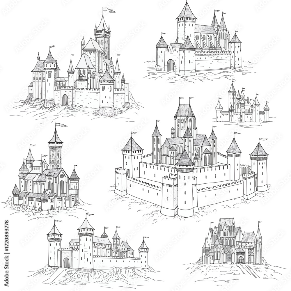 Obraz premium Detailed castle sketches showcase medieval architecture and fantasy realms, perfect for storybooks, games, and historical illustrations of bygone eras