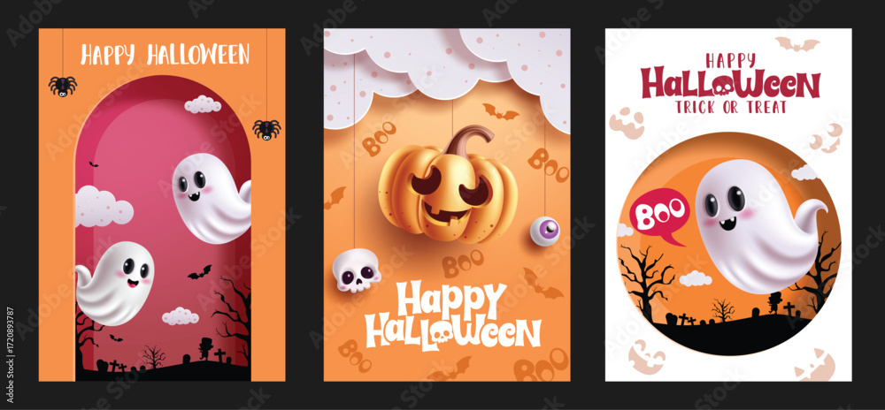 Fototapeta premium Happy Halloween greeting clipart poster set. Happy Halloween greeting text clip art in round shape and cloud paper cut style collection with cute, funny, happy and scary ghost, boo and pumpkin 