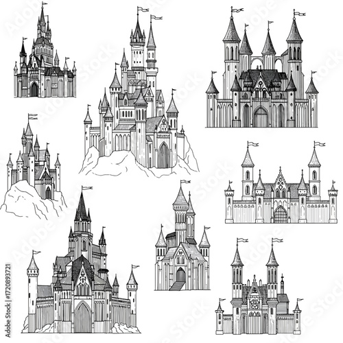 Enchanting castle collection for storybooks and fantasy designs, ideal for children's illustrations and fairytale themes, scalable vector graphics