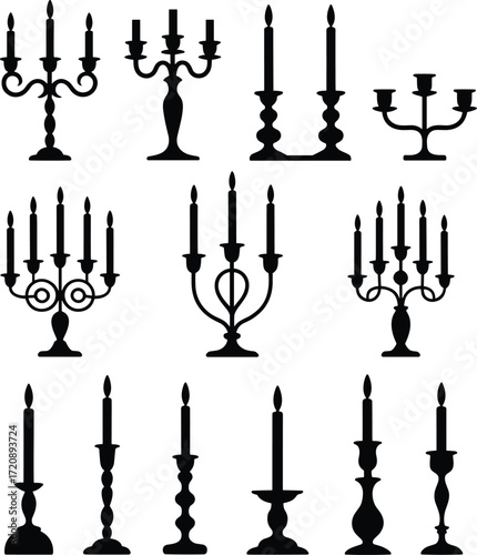 Black silhouette candle holders and candlesticks collection, vintage style, antique decoration, home decor, classic design, elegant lighting accessories