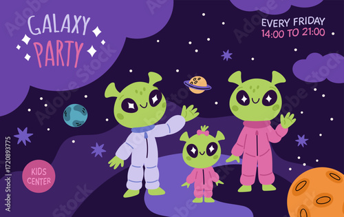 Cartoon aliens party invitation. Ufo family in open space, galaxy event horizontal banner, extraterrestrial cosmos explorers, kids smiling mascot, space background garish vector concept