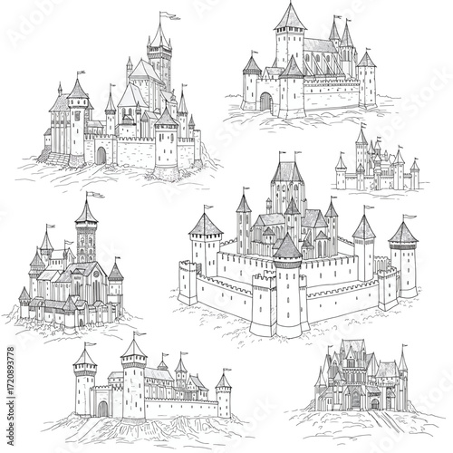 Detailed castle sketches showcase medieval architecture and fantasy realms, perfect for storybooks, games, and historical illustrations of bygone eras