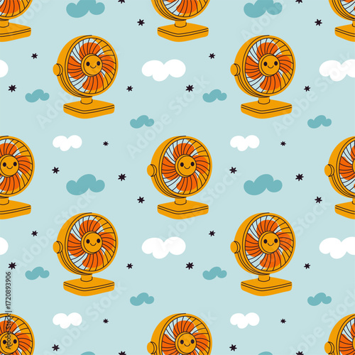 Ventilator seamless pattern. Repeated mini climate control device, desktop rotating propeller, cold wind, air flow. Textile, wrapping paper, wallpaper. Print for fabric garish vector background