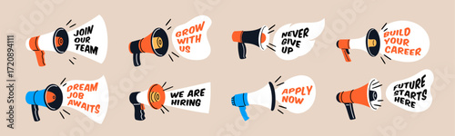 Megaphones advertising. Audio marketing and promotion, speakers with outgoing slogans stickers, acoustic communication, promo attention, cartoon flat style isolated garish vector set