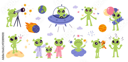 Cute green alien characters. Cartoon little ufo mascots, funny kids creatures, different actions, poses, space humanoids, planets and stars, cosmonaut in rocket, stickers garish vector set