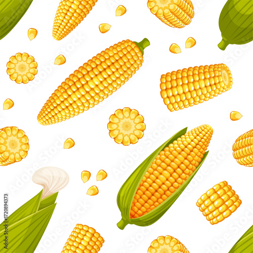 Corn seamless pattern. Sweet maize cobs and grains, yellow spikelets with green leaves, repeated organic product. Textile, wrapping paper, wallpaper. Print for fabric classy vector background