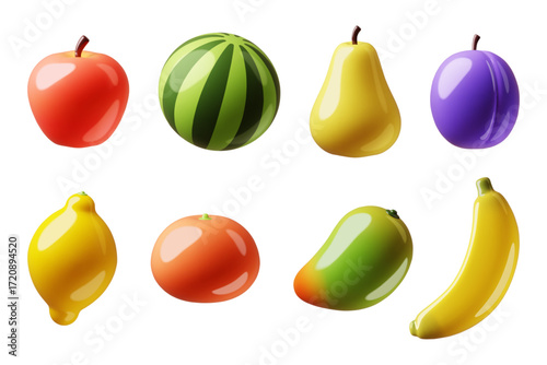 Cartoon 3d fruits. Juicy glossy elements, tropical, exotic vegetarian food, organic apple, watermelon, fresh mango and banana, whole lemon and pear, vitamin icons, classy vector isolated set