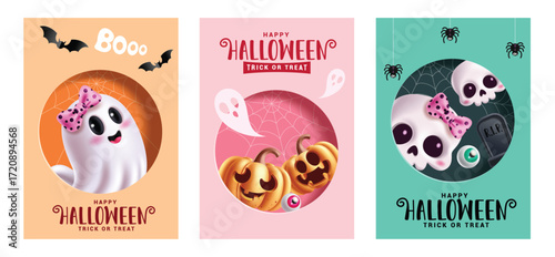 Happy Halloween greeting card clipart poster set. Halloween and Trick or Treat greeting text clip art in colorful round shape paper cut design invitation card template collection with cute ghost
