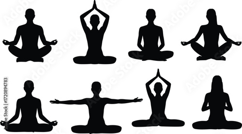 Black silhouette of men and women practicing yoga meditation poses, mindfulness, relaxation, peaceful lifestyle, lotus position, spiritual wellness collection