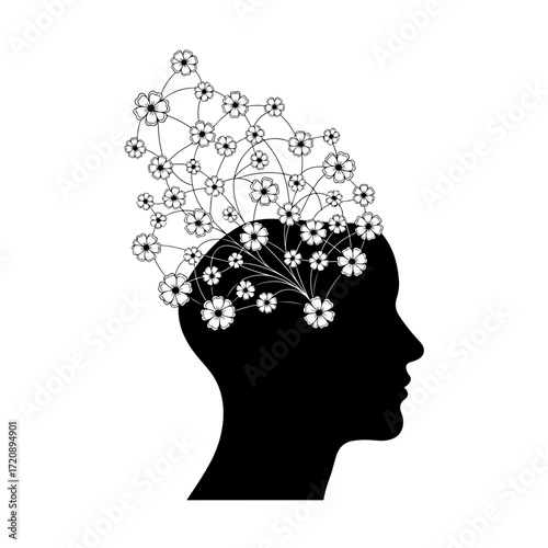 Black silhouette head with creative floral connections for innovation and growth