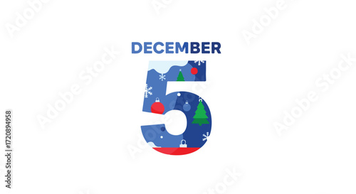Festive December 5th Design with Holiday Ornamentation and Snowy Landscape Inside Numeral Depiction for Winter Season Celebration