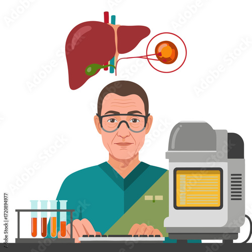 Expert doctor researching liver disease, providing modern medicine solutions for healthcare challenges, innovating for a healthier future with medical technology
