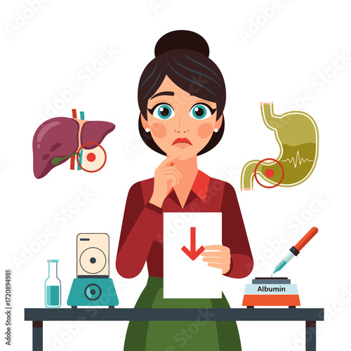 Worried doctor considers low albumin levels and potential liver or stomach issues in a medical lab for diagnostic solutions and healthcare innovation
