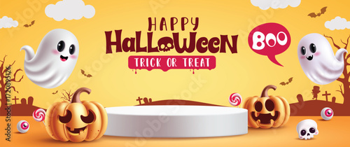 Happy Halloween white podium clipart banner design. Halloween and Trick or Treat greeting text clip art with white podium, ghost and pumpkin characters in graveyard yellow background Halloween sale 