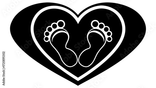 Vector art of black and white illustration of baby footprints inside a heart shape, symbolizing love and new life