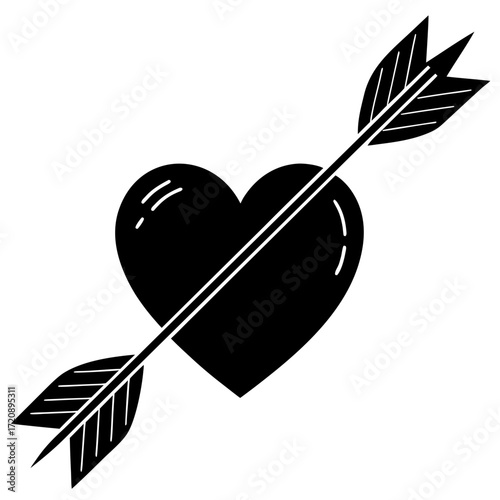 Vector art of black silhouette of a heart pierced by an arrow, representing love, romance, and cupids arrow