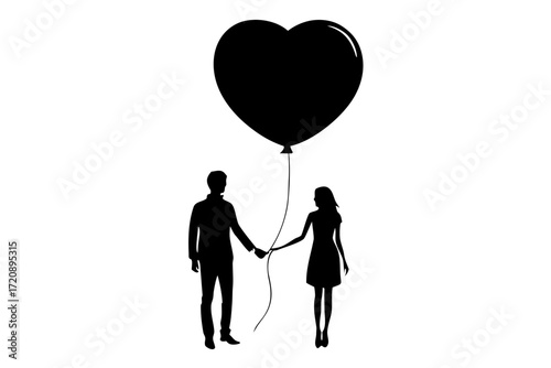 Vector art of silhouette of a couple holding hands and a man holding a heartshaped balloon, symbolizing love, unity, and shared dreams