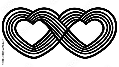 Vector art of two interlocking hearts forming an infinity symbol with a striped, optical illusion effect, isolated on a, representing eternal love and endless connection
