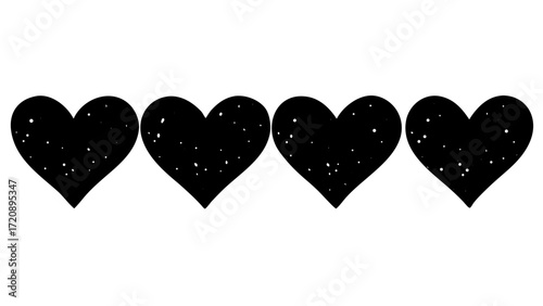 Vector art of four black hearts with a textured, speckled appearance, isolated on a, symbolizing love, affection, and a rating or review system