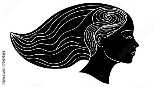 Vector art of silhouette of a womans profile with long, flowing, wavy hair