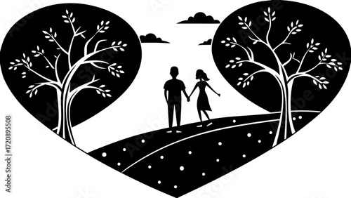 Vector art of silhouette of a couple holding hands, standing on a path within a large heart shape, framed by trees and clouds, symbolizing love and romance