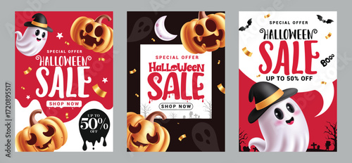Halloween Sale clipart poster design. Halloween Sale special offer discount clip art with cute and spooky horror elements in speech bubble, abstract and black background postcard layout collection 
