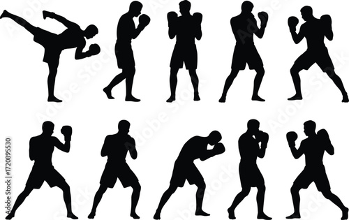 Boxing silhouette vector, martial arts fighter, kickboxing stance, male athlete training, combat sport illustration, punch pose, isolated clipart.