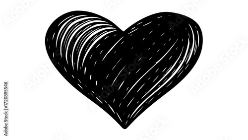 Vector art of a black heart shape with a textured, scribbled fill, isolated on a, representing affection and deep feelings in a stylized manner