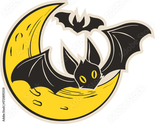 Bats and Crescent Moon Illustration in Retro Halloween Horror Style
