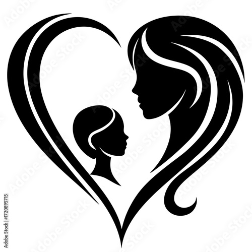 Vector art of stylized black silhouette of a mother and child forming a heart shape, representing family, love, and maternal bond