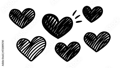 Vector art of a collection of six handdrawn black heart doodles with sketchy lines, isolated on a, conveying a sense of raw emotion and affection
