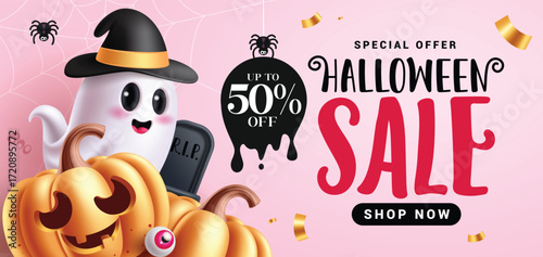 Halloween Sale clipart banner design. Halloween Sale text clip art special offer shopping discount with spooky and scary elements in pink background October gift vouchers banner template vector 
