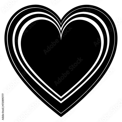 Vector art of a stylized black heart shape with concentric outlines, isolated on a, representing love and affection in a graphic design element
