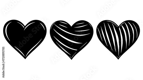 Vector art of a collection of three black heart shapes with varying line patterns, isolated on a, symbolizing different expressions of love and emotion