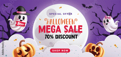 Halloween Mega Sale clipart banner design. Halloween Sale 70% off shopping discount clip art with paper cut style and horror elements decoration in full moon purple scary night background October 