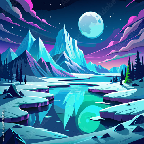 Vibrant winter landscape under a full moon