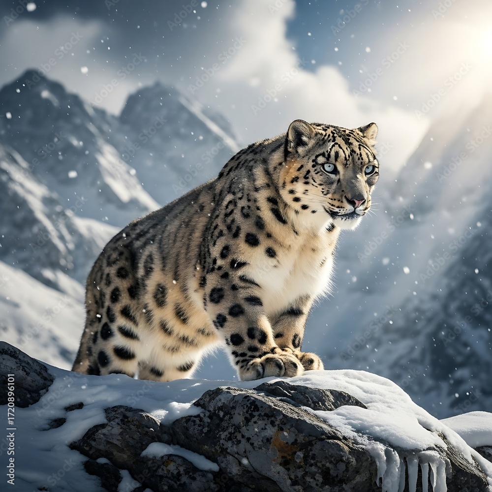 Obraz premium Majestic Snow Leopard on Snowy Mountain Peak.