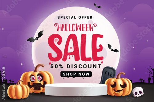 Halloween Sale white podium clipart design. Halloween Sale text in full moon elements clip art for October podium stage promotion advertisement banner template with cute pumpkins characters in scary 