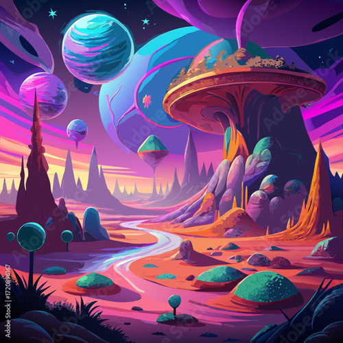 Vibrant alien landscape with floating islands and colorful planets