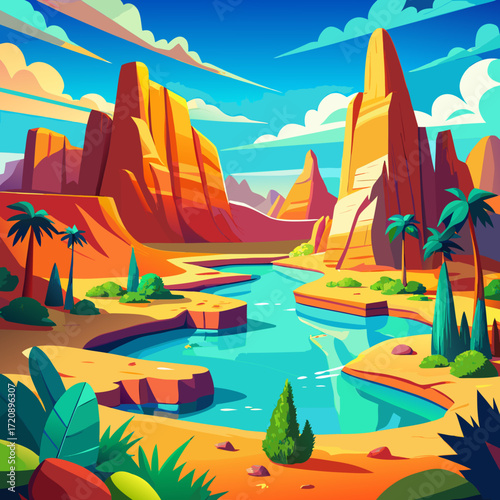 Vibrant desert oasis with turquoise water and red rock formations
