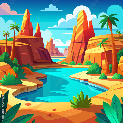 Vibrant desert oasis with red rock formations and palm trees